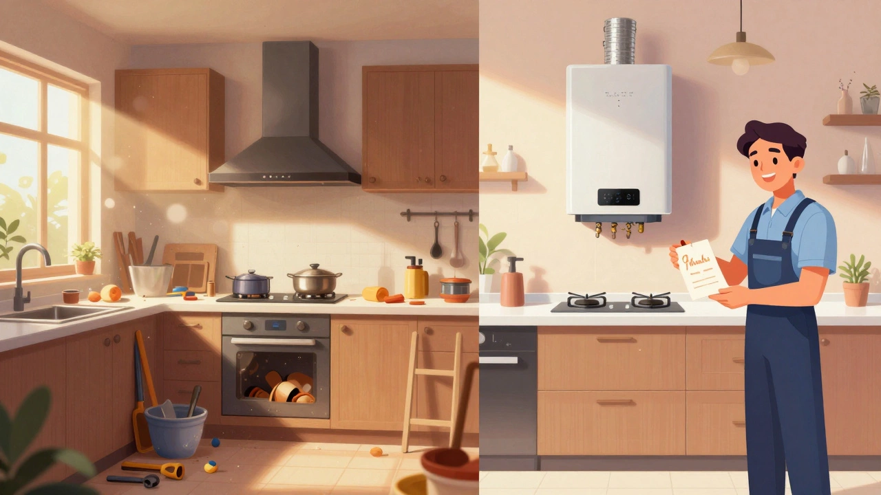 Before-and-after split view of a kitchen during boiler replacement, showing mess transformed to cleanliness.