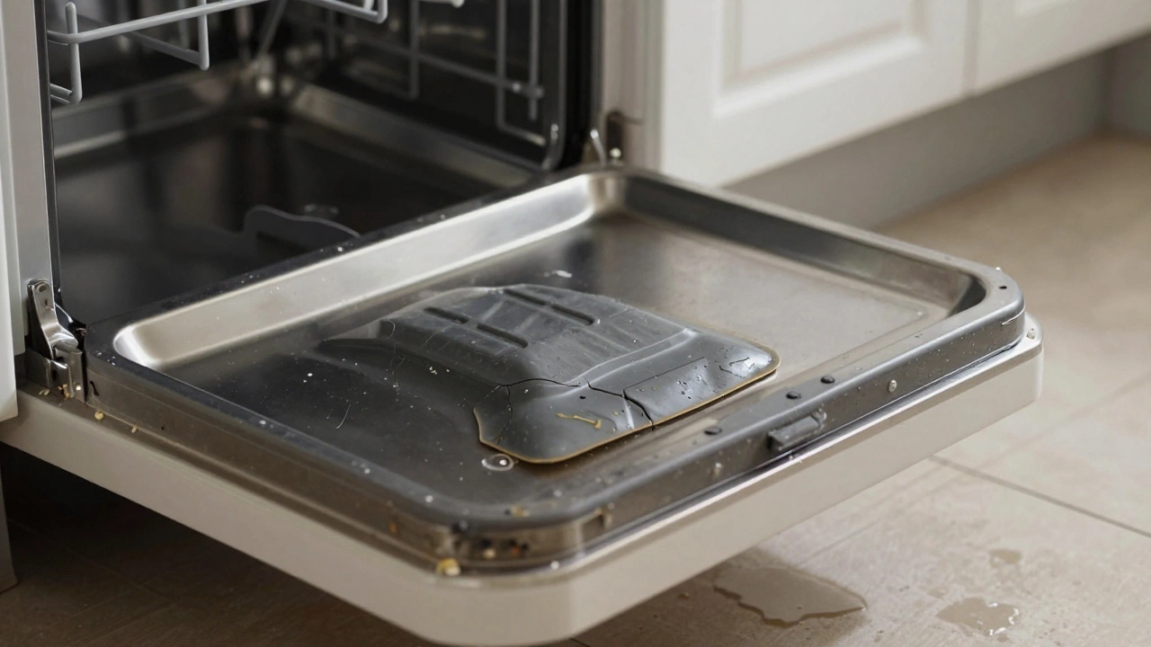 Cracked dishwasher door seal with food residue and water leakage.