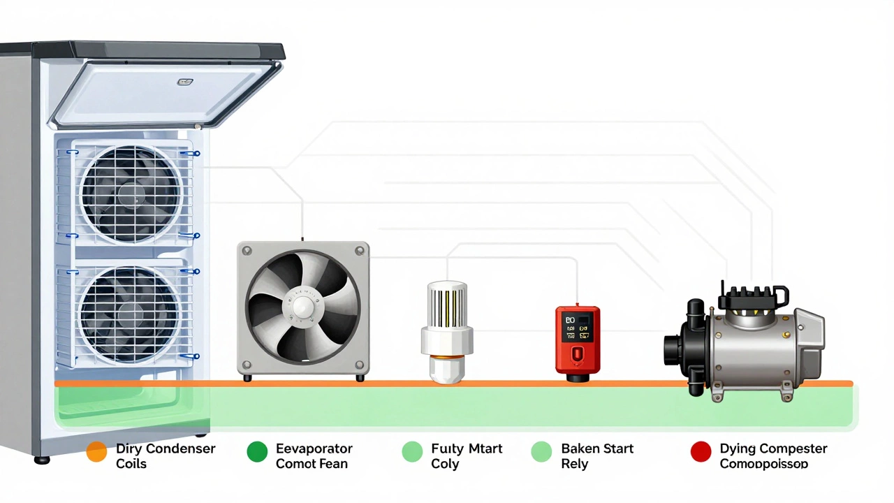 Cross-section diagram of freezer parts failing, color-coded by repair cost.