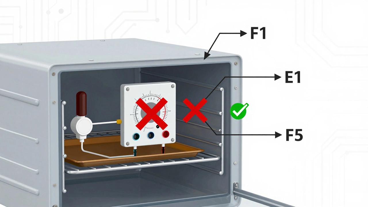 Cross-section diagram of oven components with labeled electrical signals and error codes F1, E1, F5.