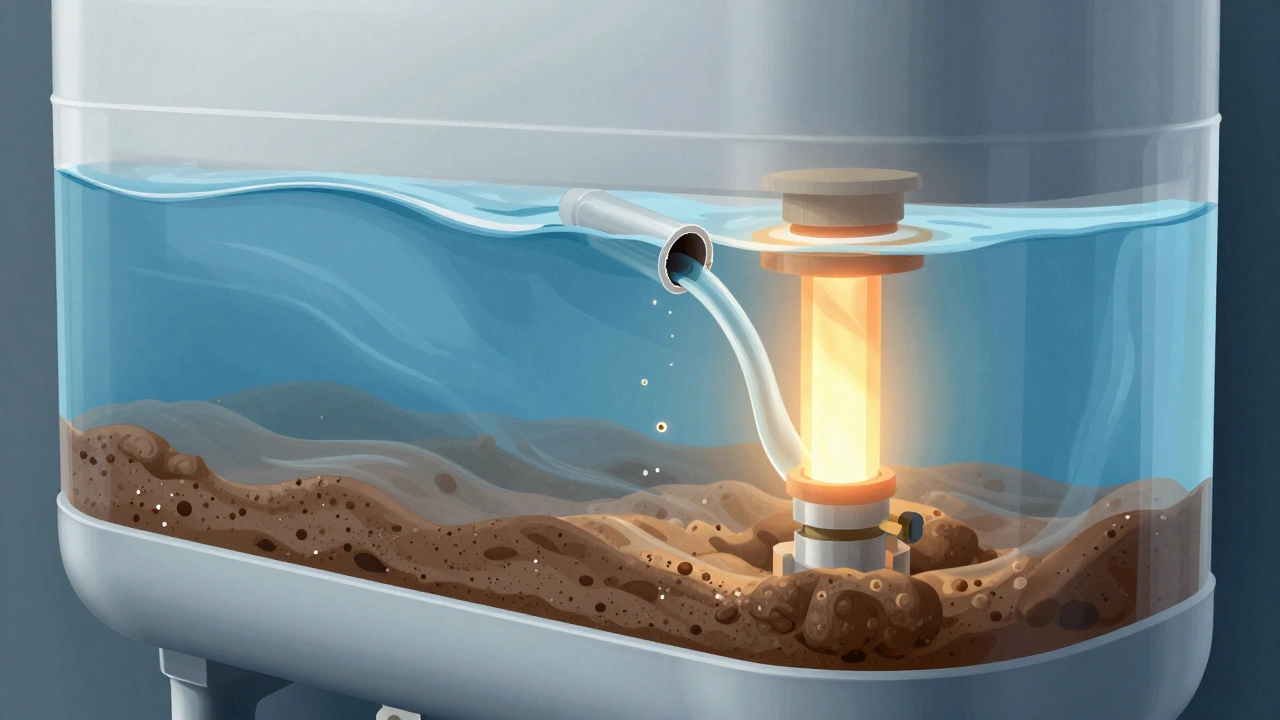 Cross-section of water heater showing sediment buildup and broken dip tube affecting hot water flow.