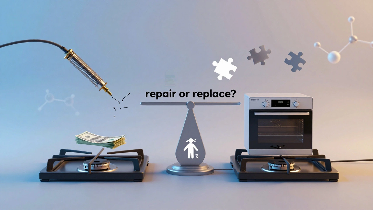 Gas oven internals shown as floating parts with a repair vs replace scale in soft lighting.