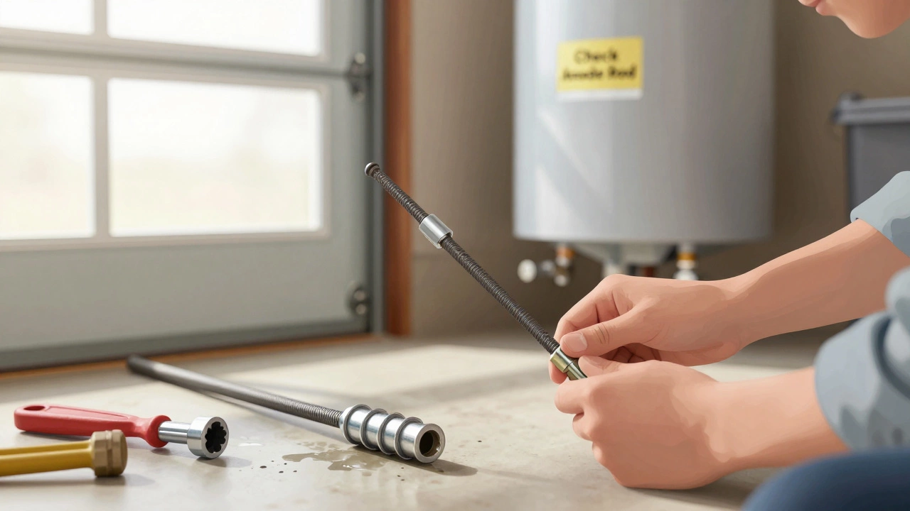 Homeowner holding a worn anode rod next to a new zinc-aluminum replacement beside a water heater.