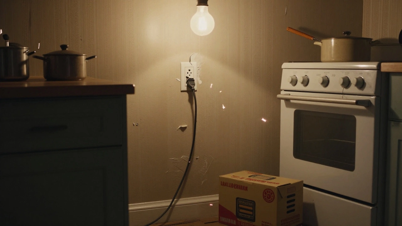 Outdated 3-prong oven plug sparking behind a wall in a 1970s-style kitchen.