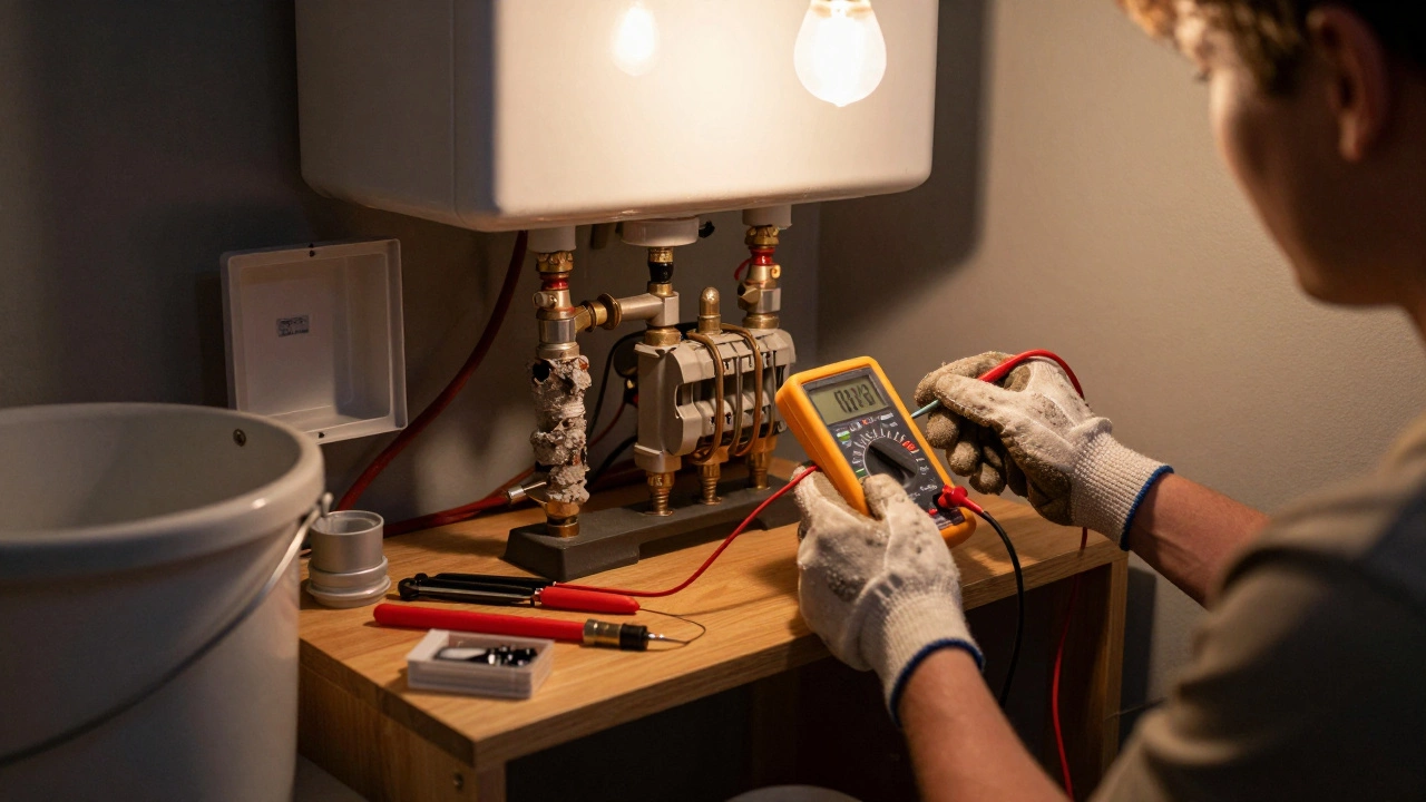 Person using multimeter to test water heater heating element with access panel open.