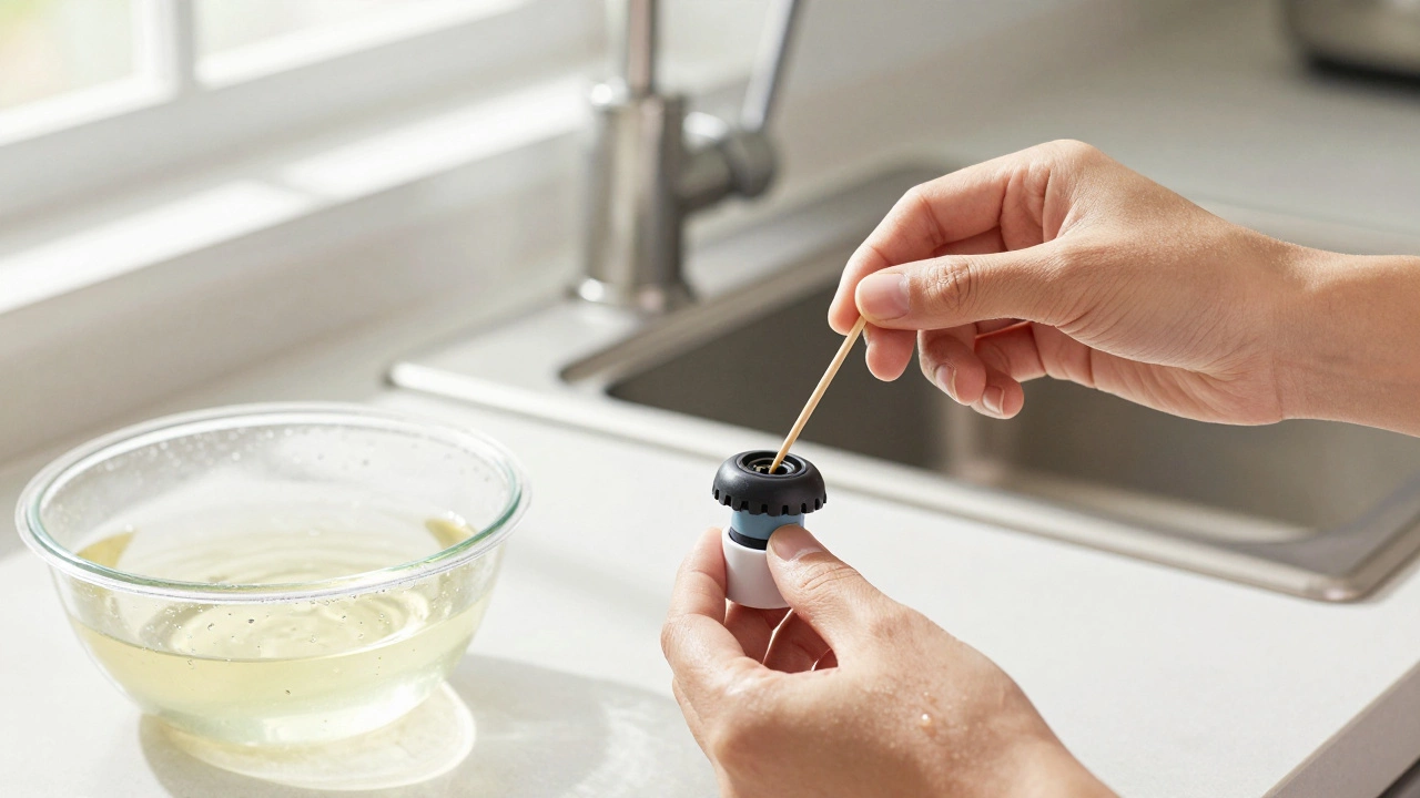 Removing and clearing clogged spray arm holes with a toothpick.