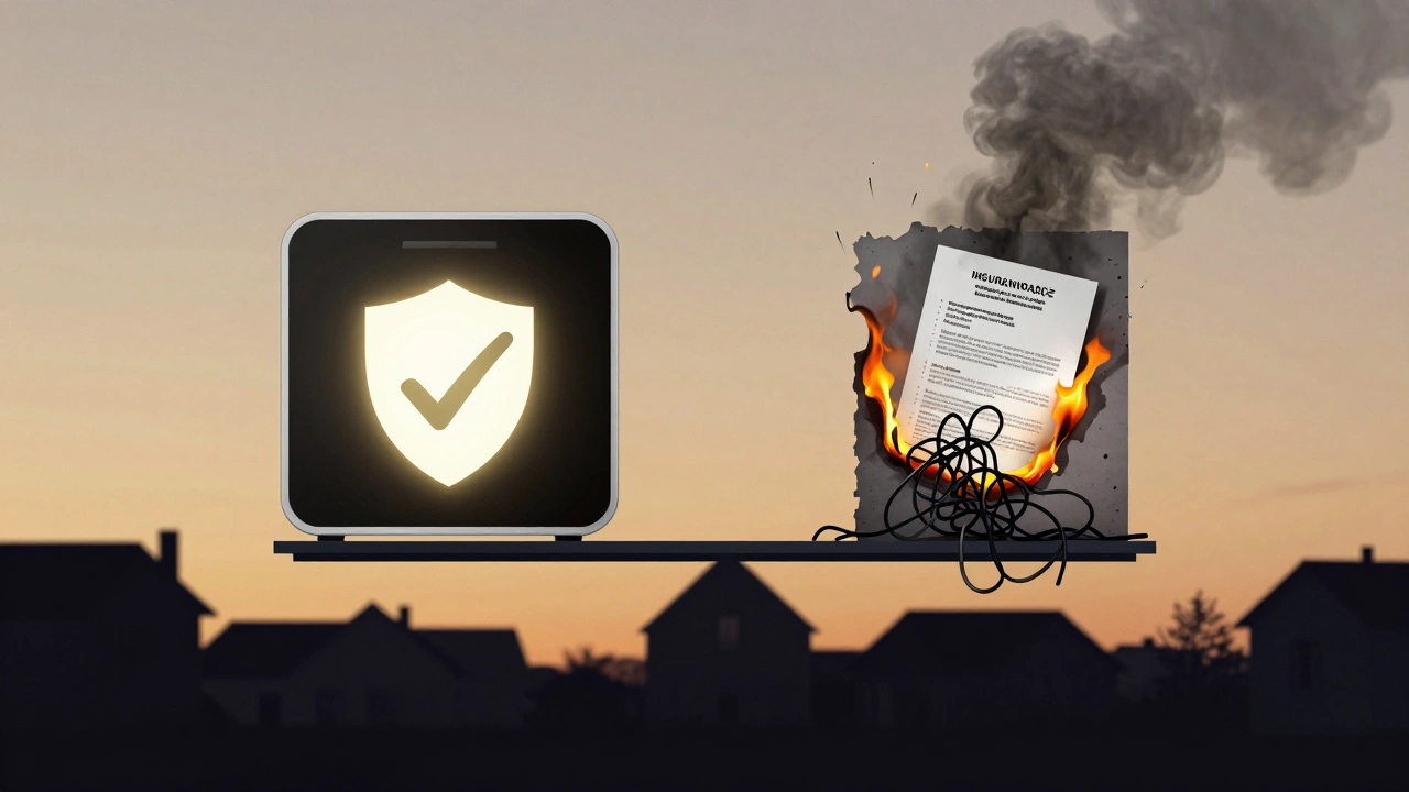 Safety scale contrasting a safe oven installation with a dangerous electrical fire.