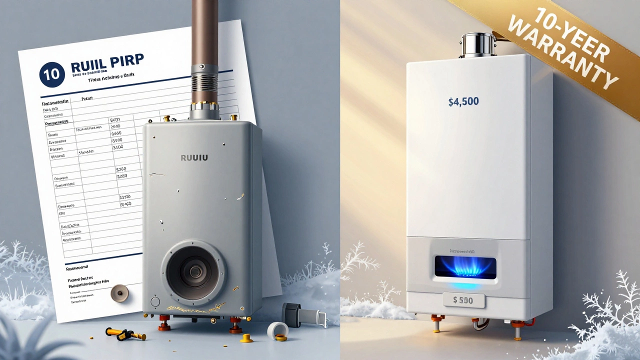 Side-by-side: old boiler with repair bills versus new boiler with warranty and warm glow.