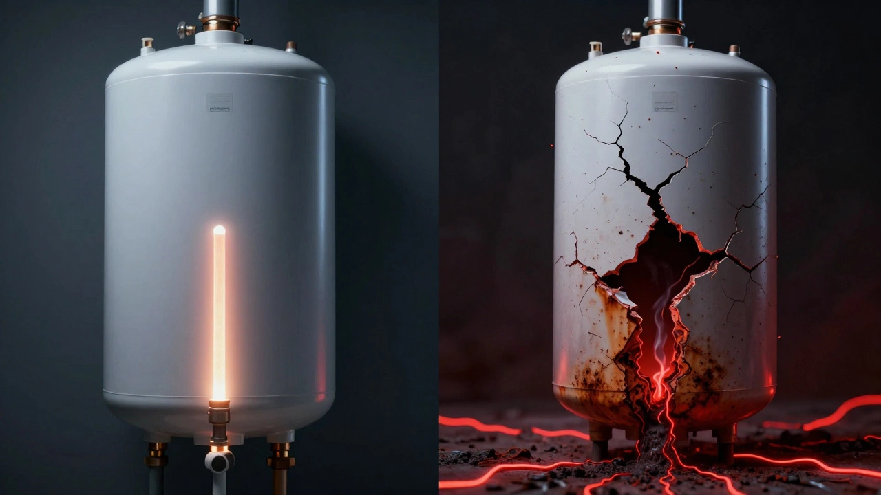 Split image: protected water heater vs. rusted, leaking tank with symbolic corrosion lines.