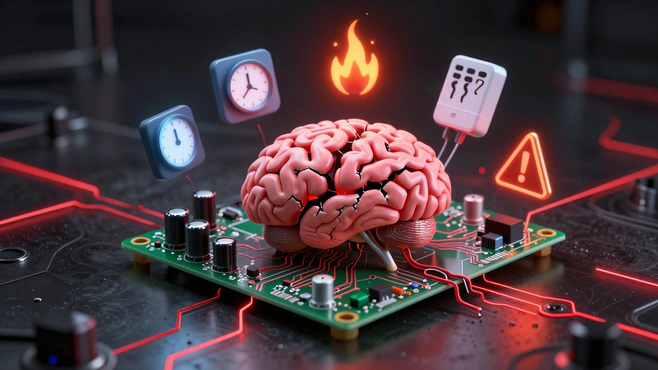 Surreal image of a control board as a failing brain with floating icons of malfunctioning oven behaviors.