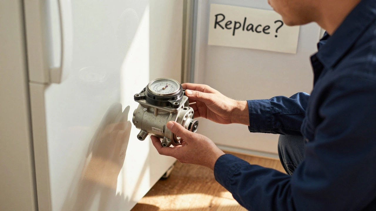 Technician holding compressor part next to old freezer with thermometer.