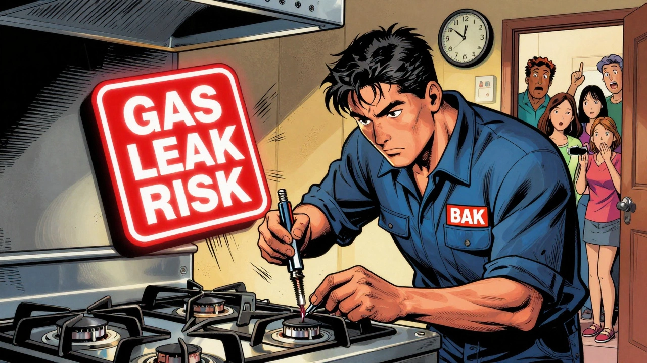 Technician replacing an oven igniter with a warning sign and family watching in the background.