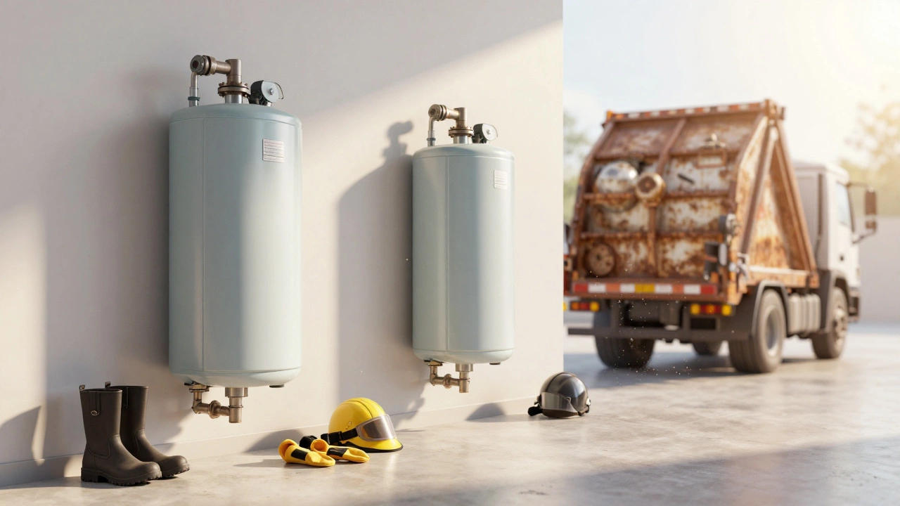 Timeline of boiler replacement: old unit being recycled, new boiler installed, clean floor with protective gear.