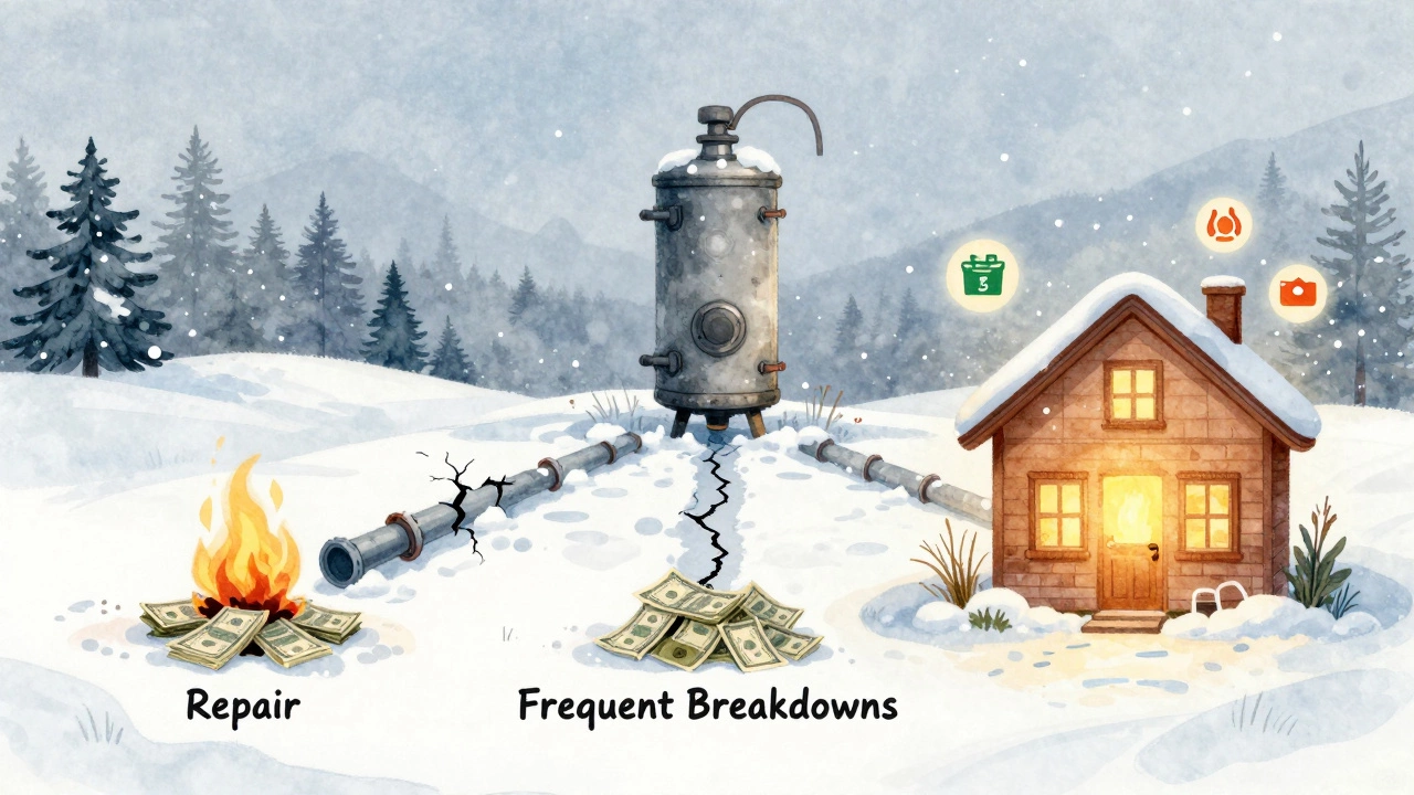 Winter landscape decision tree showing repair, breakdown, and replacement paths from an aging boiler.