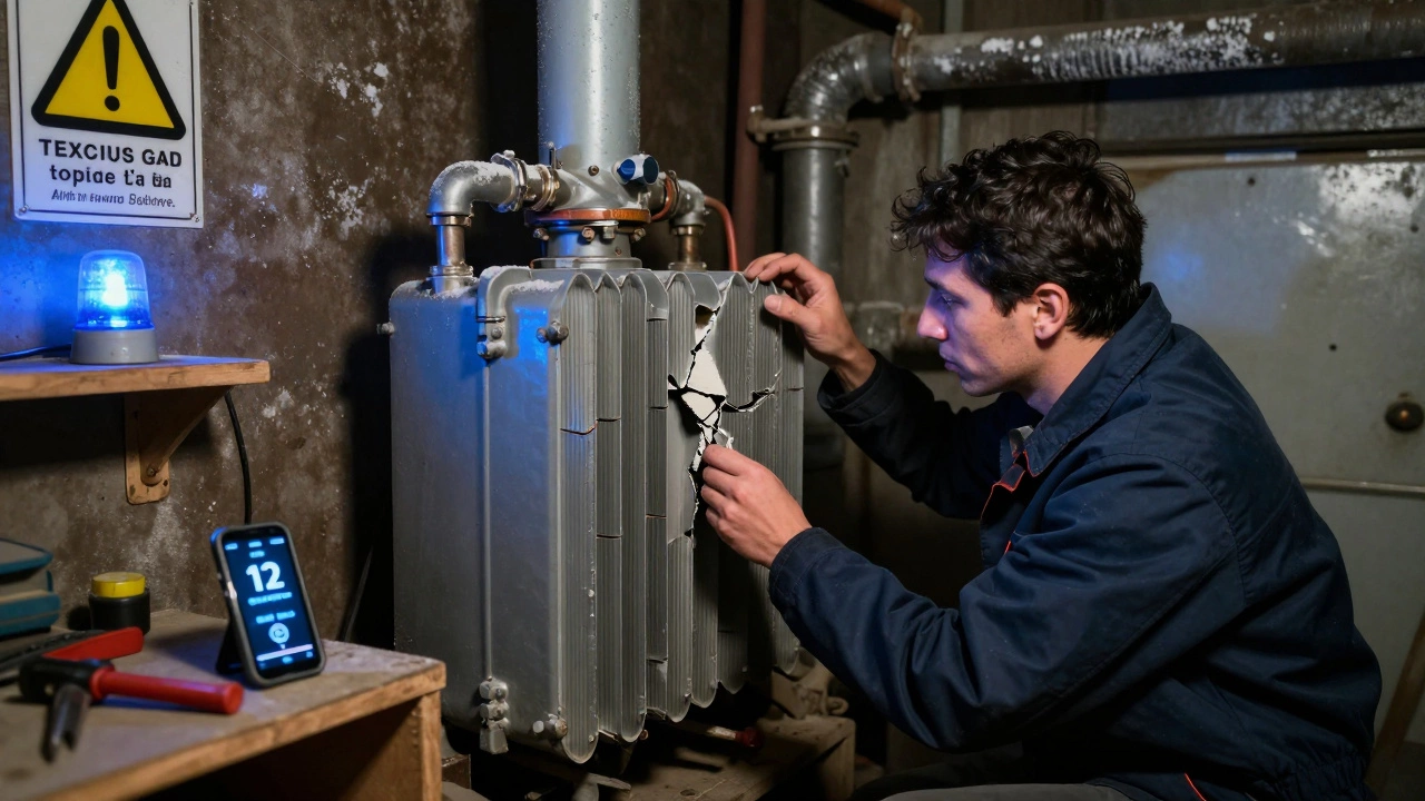 A technician inspecting a cracked boiler heat exchanger with warning signs and frost on pipes.