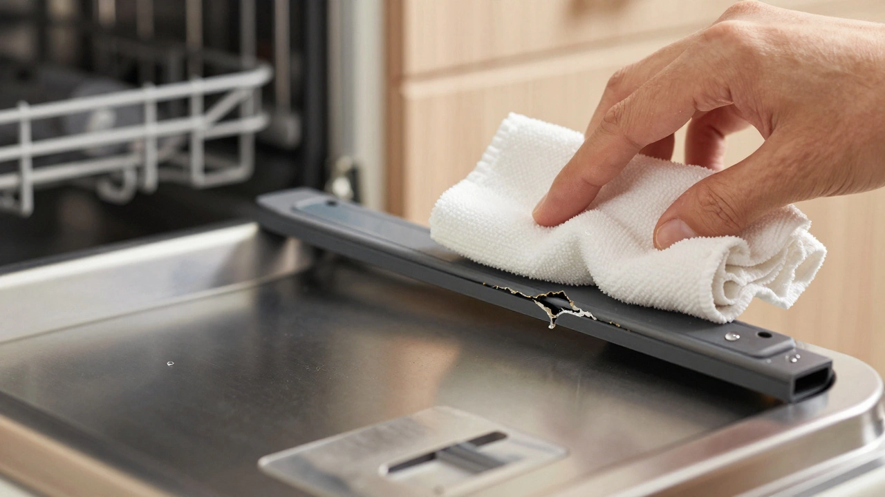 Close-up of a cracked dishwasher door gasket being cleaned with vinegar-soaked cloth.