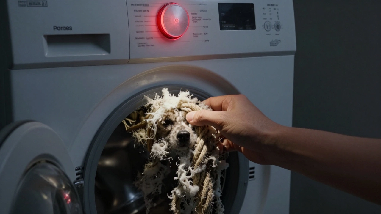 Hand pulling out a thick clump of lint and debris from a washing machine pump filter.