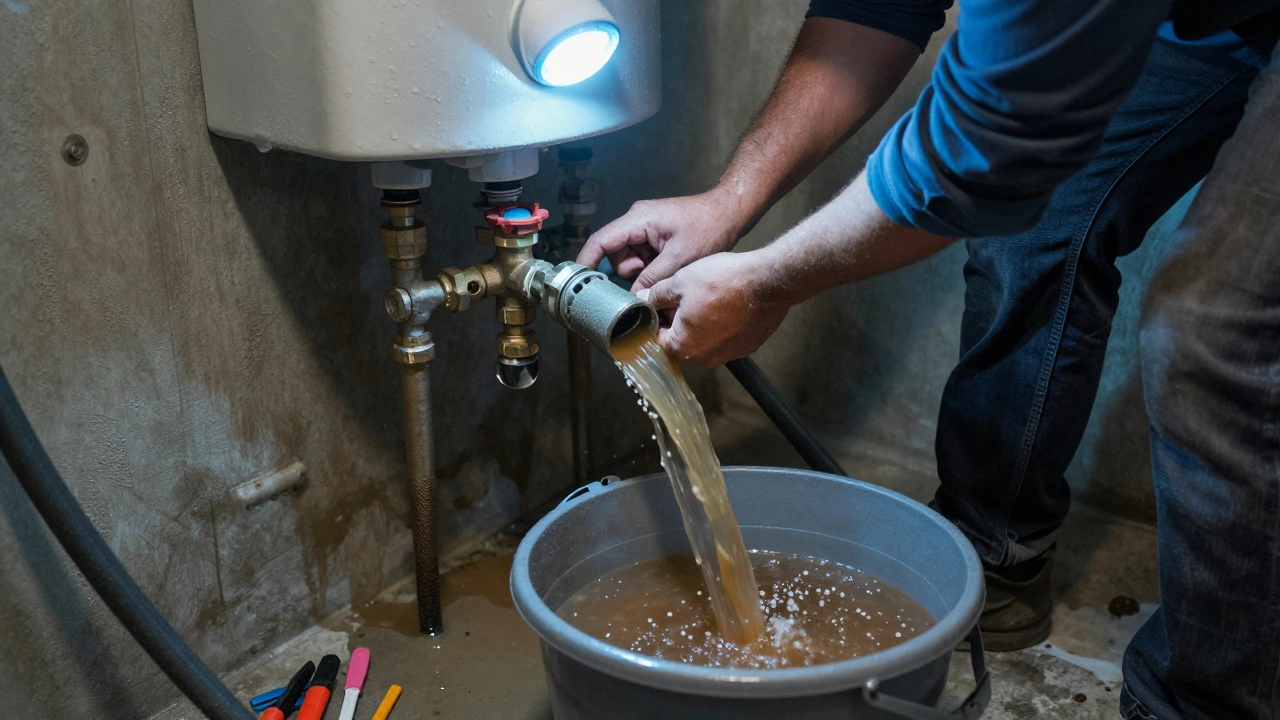 Homeowner draining a water heater with a garden hose, murky water flowing into a bucket.