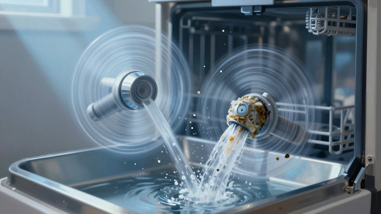 Inside a dishwasher with spray arms, one clear and spinning, the other clogged with debris.