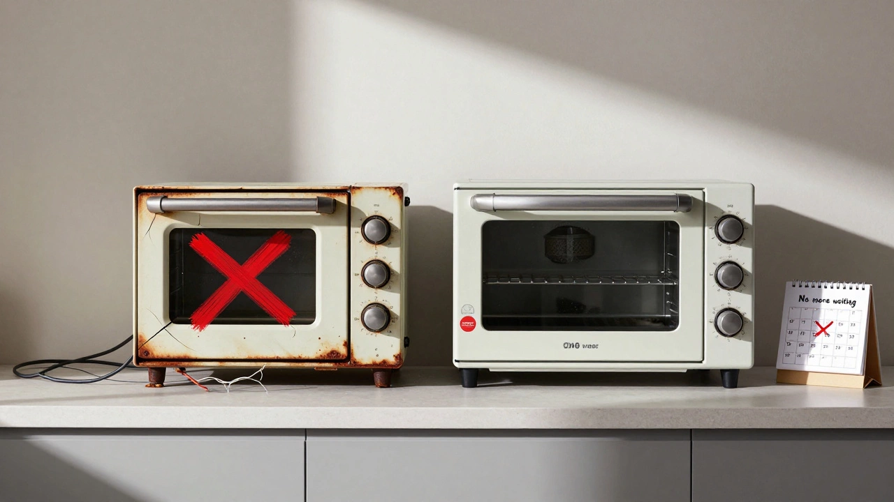 Old broken oven with red X next to new oven with warranty sticker.