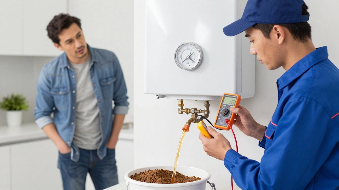 Plumber testing a water heater with multimeter while brown sediment drains into a bucket.