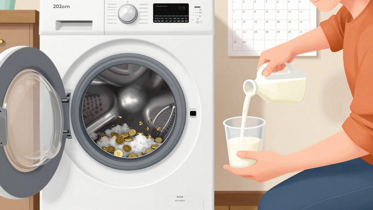 Someone preparing to run a vinegar cleaning cycle in a washing machine with an open filter panel.