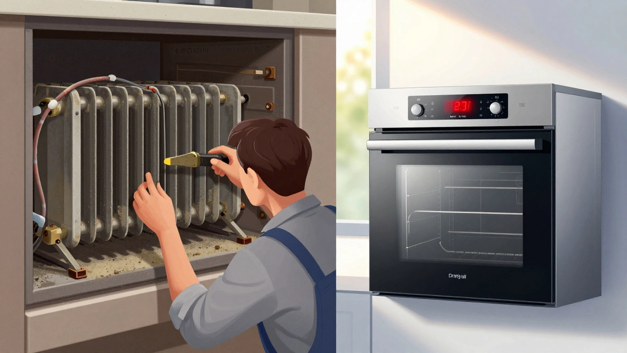 Split-screen showing aging oven repair versus new energy-efficient oven.