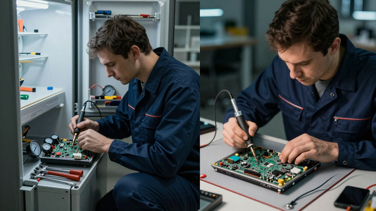 Two technicians repairing a refrigerator and a laptop side by side with different tools.