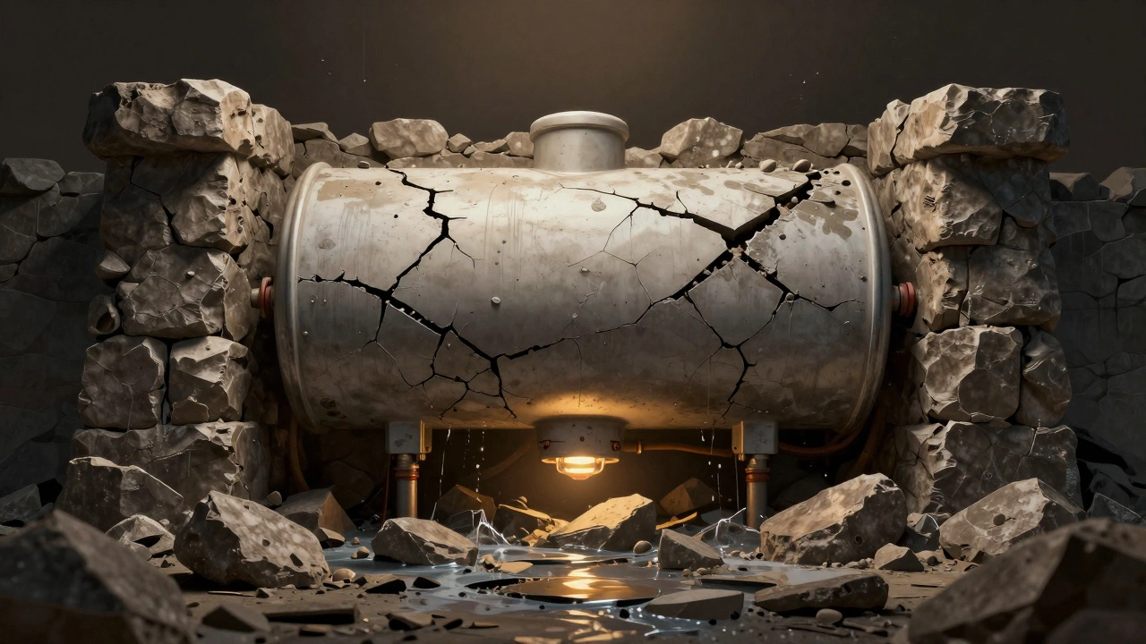 Water heater as a crumbling stone fortress with sediment as rock and cracks leaking water.