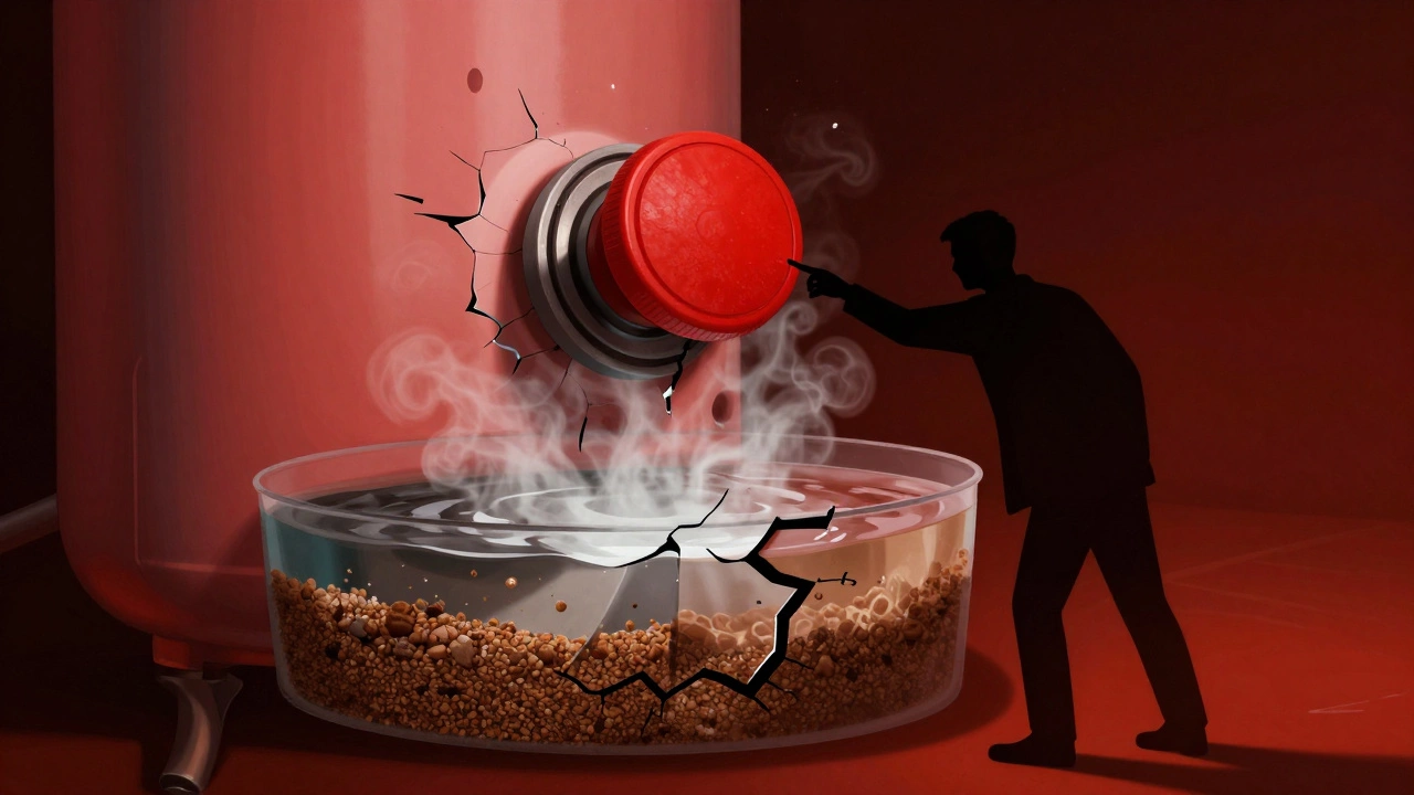 Water heater tank cracking under pressure with sediment and steam, broken reset button above.