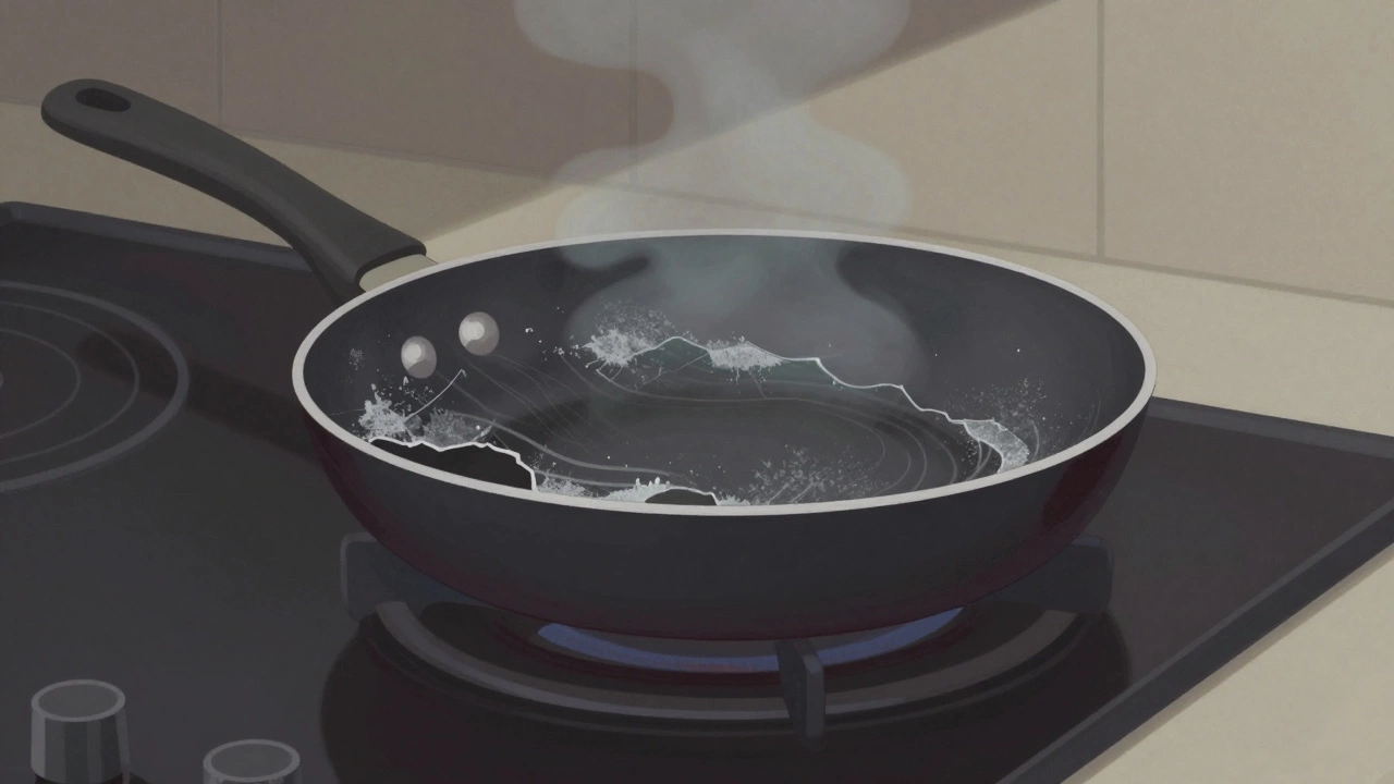 A warped pan on a ceramic hob with invisible stress lines spreading across the glass surface.
