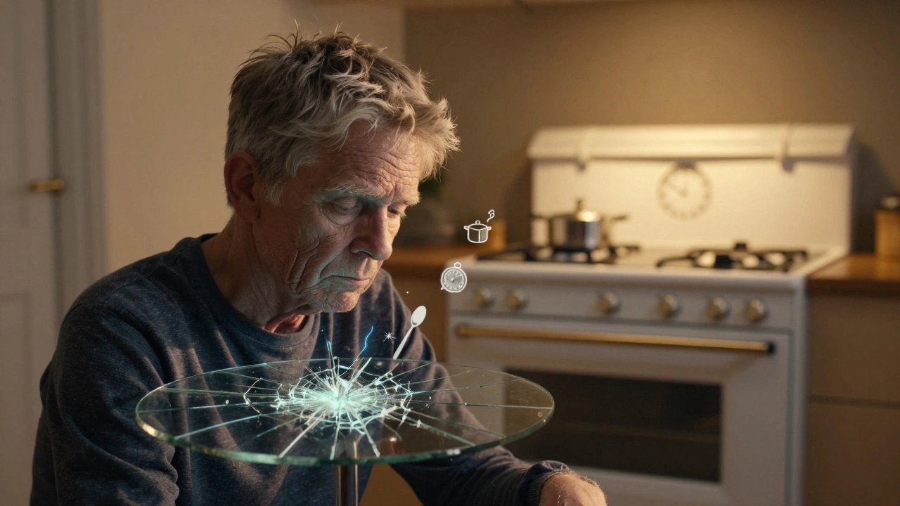An aging electric hob with cracks and floating symbols of wear, contrasted against a modern replacement.