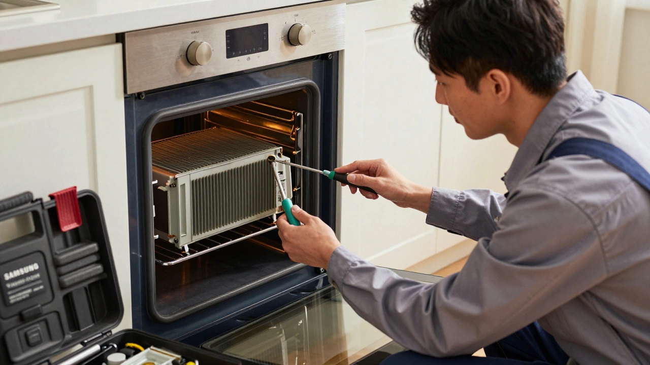 Appliance technician replacing a heating element inside an oven using specialized tools.