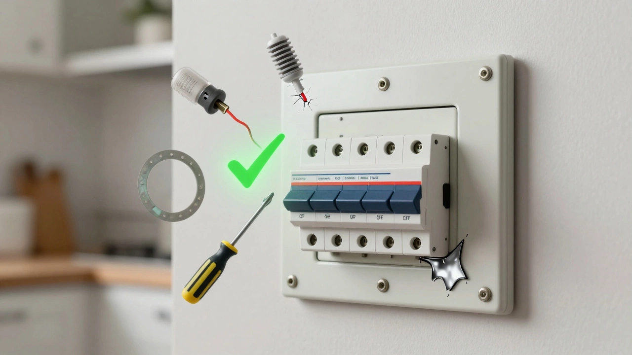 Circuit breaker tripped with icons of common oven faults and DIY repair tools.