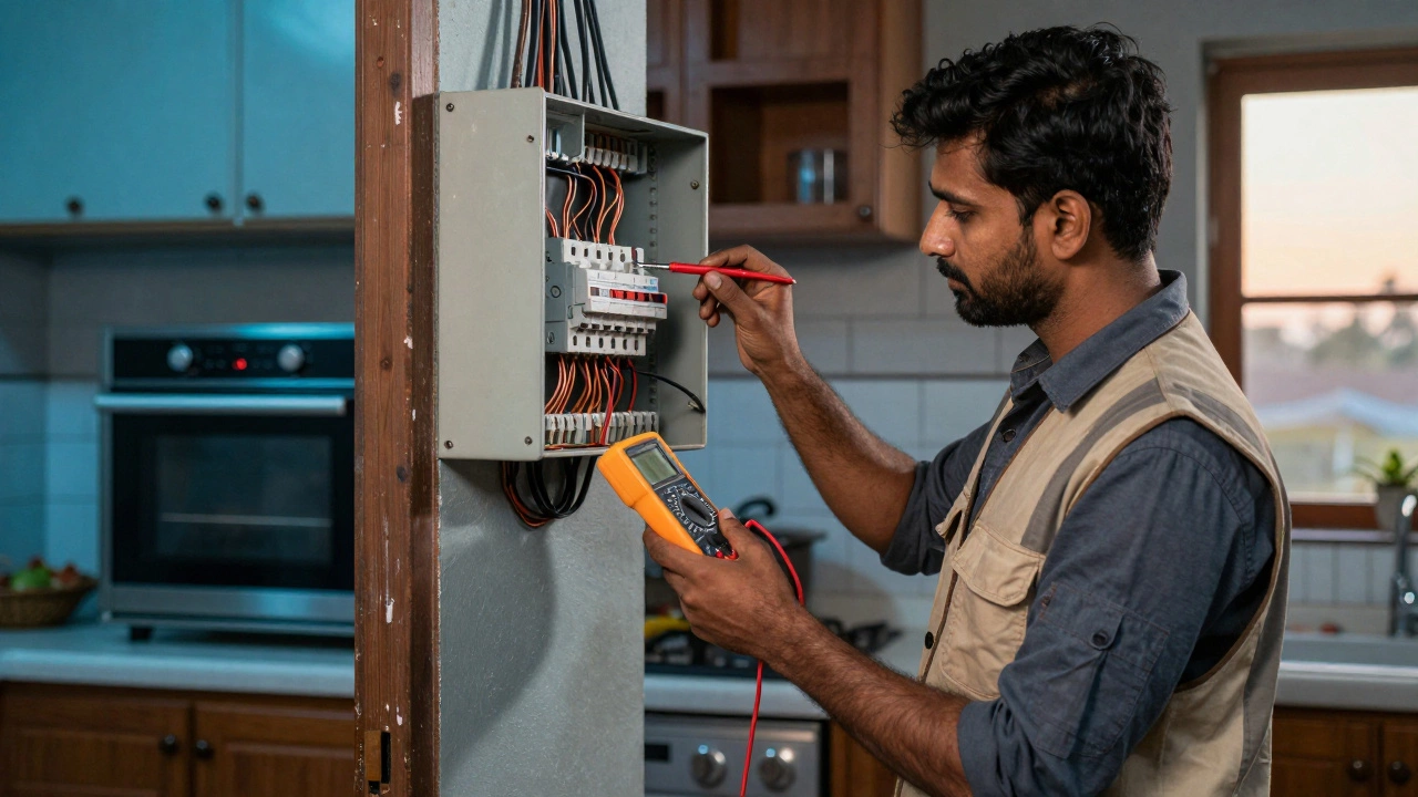 Electrician testing voltage at a circuit panel in an older home, with tripped breaker visible.