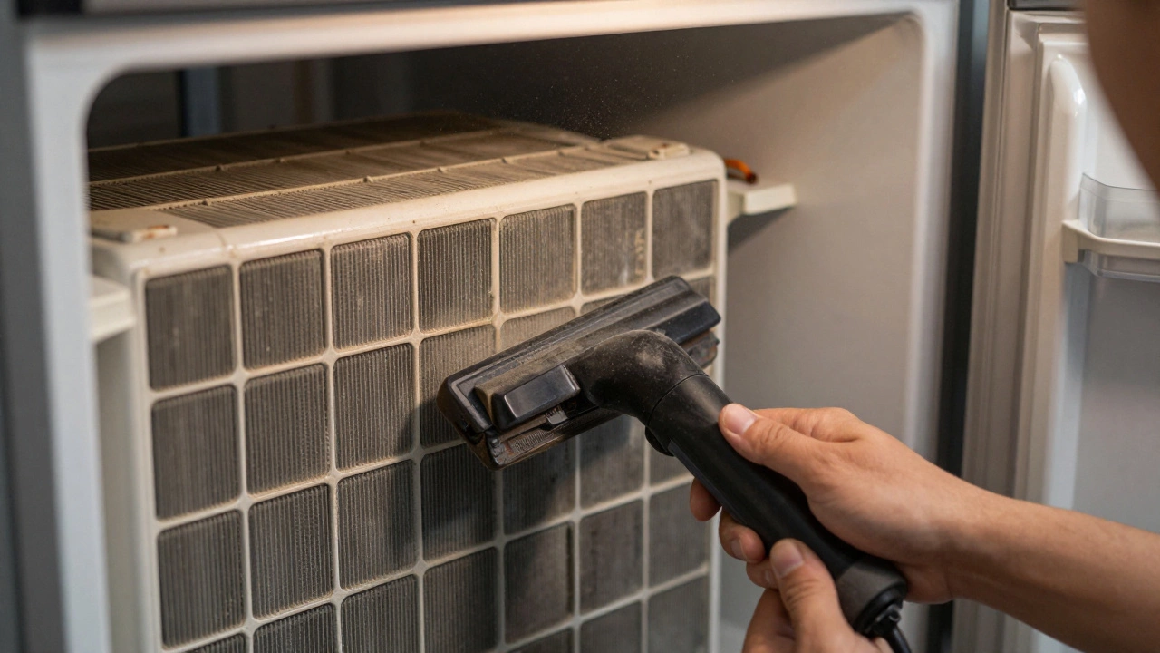 Hands vacuuming dusty condenser coils on unplugged freezer