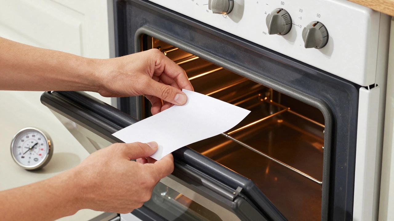 Oven door seal leaking heat as a piece of paper slides out easily.