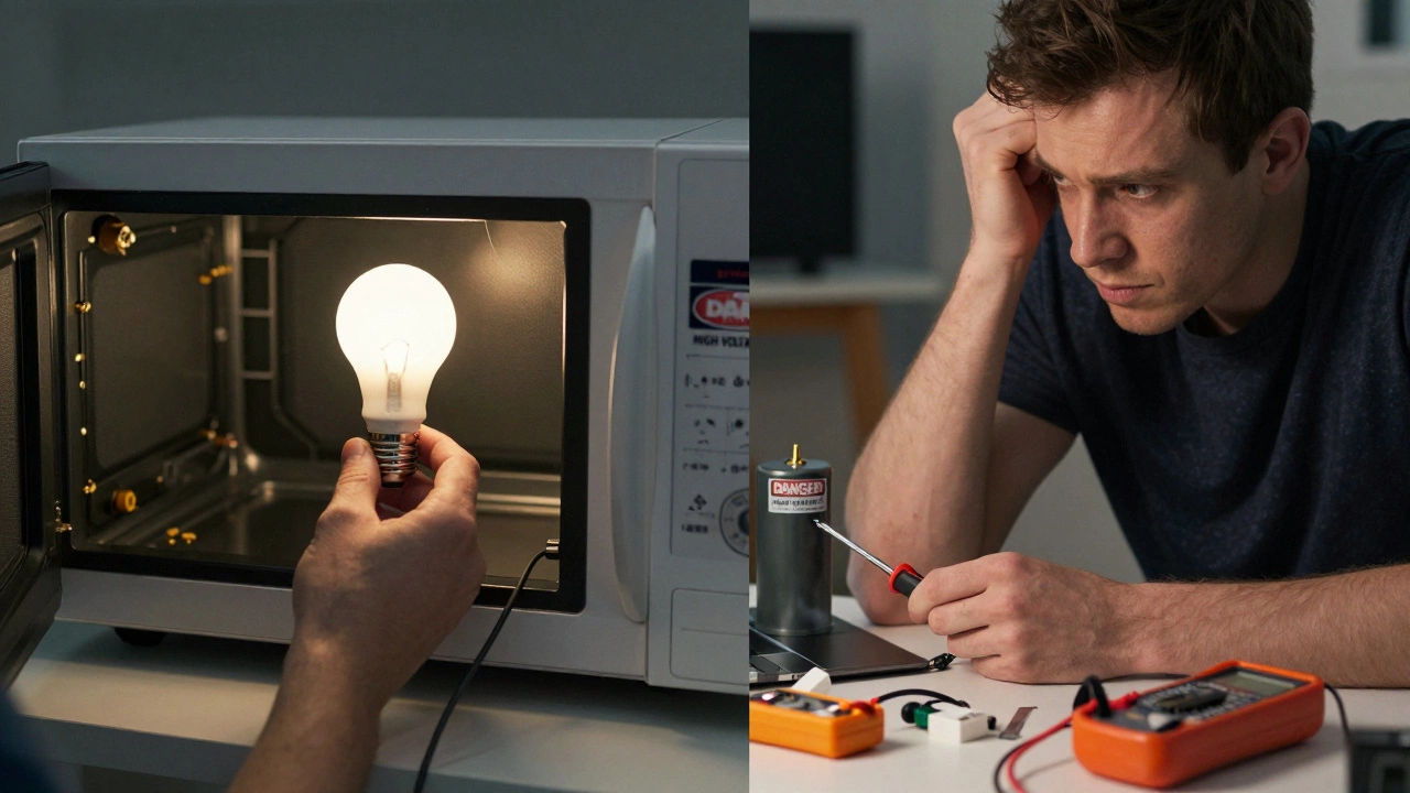 Side-by-side: person safely replacing light bulb vs. another touching dangerous capacitor.