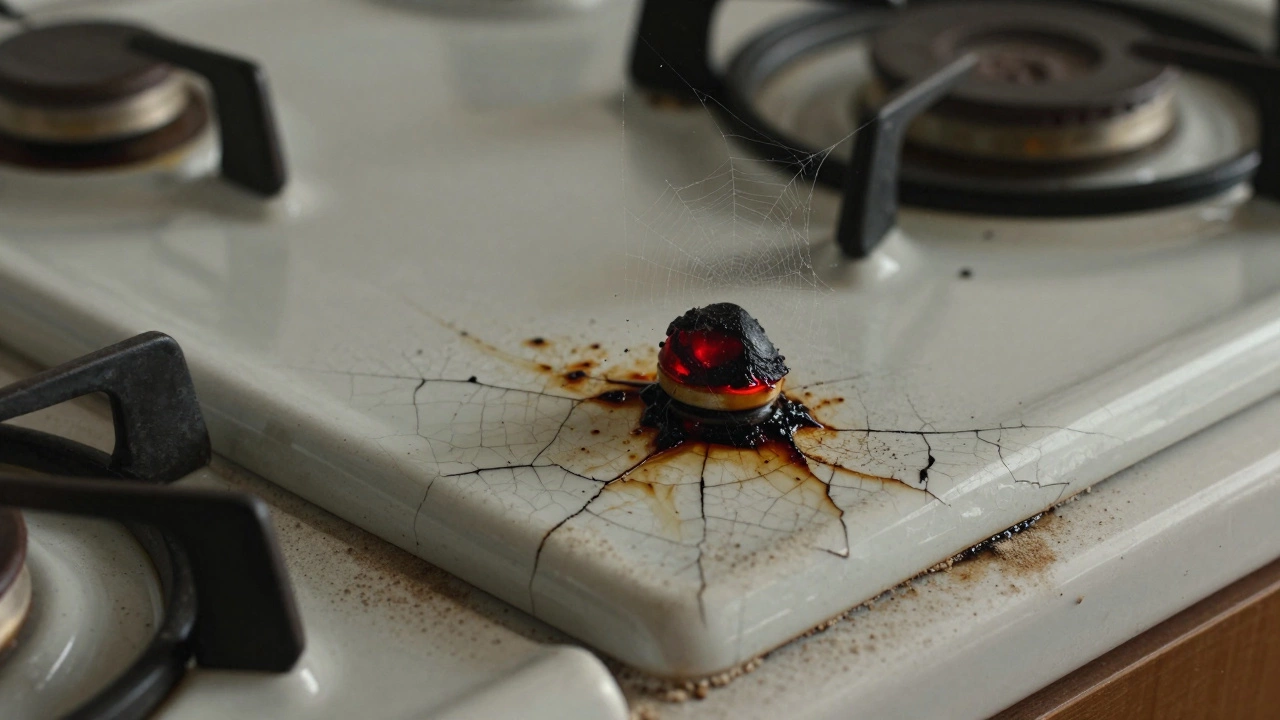 A cracked cooktop with baked-on grease and a failing heating element, showing signs of wear.