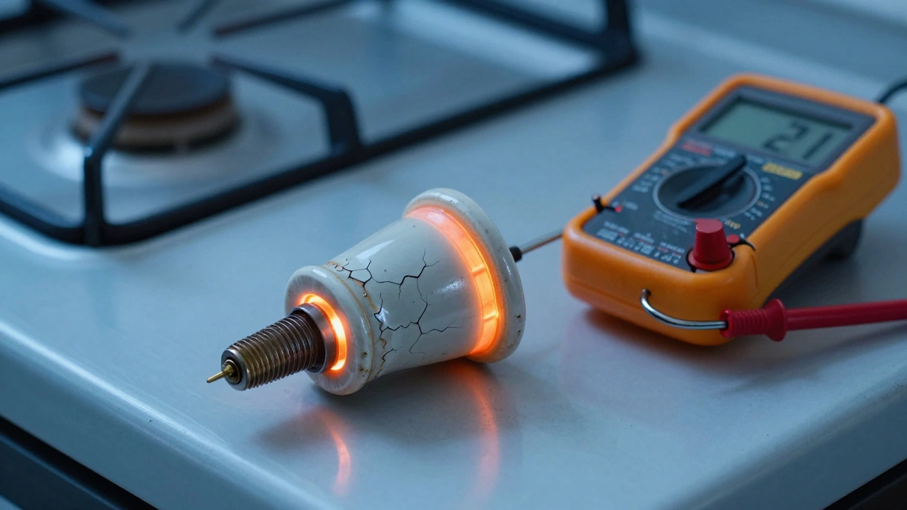 A cracked igniter with a multimeter reading low amperage, showing electrical failure.