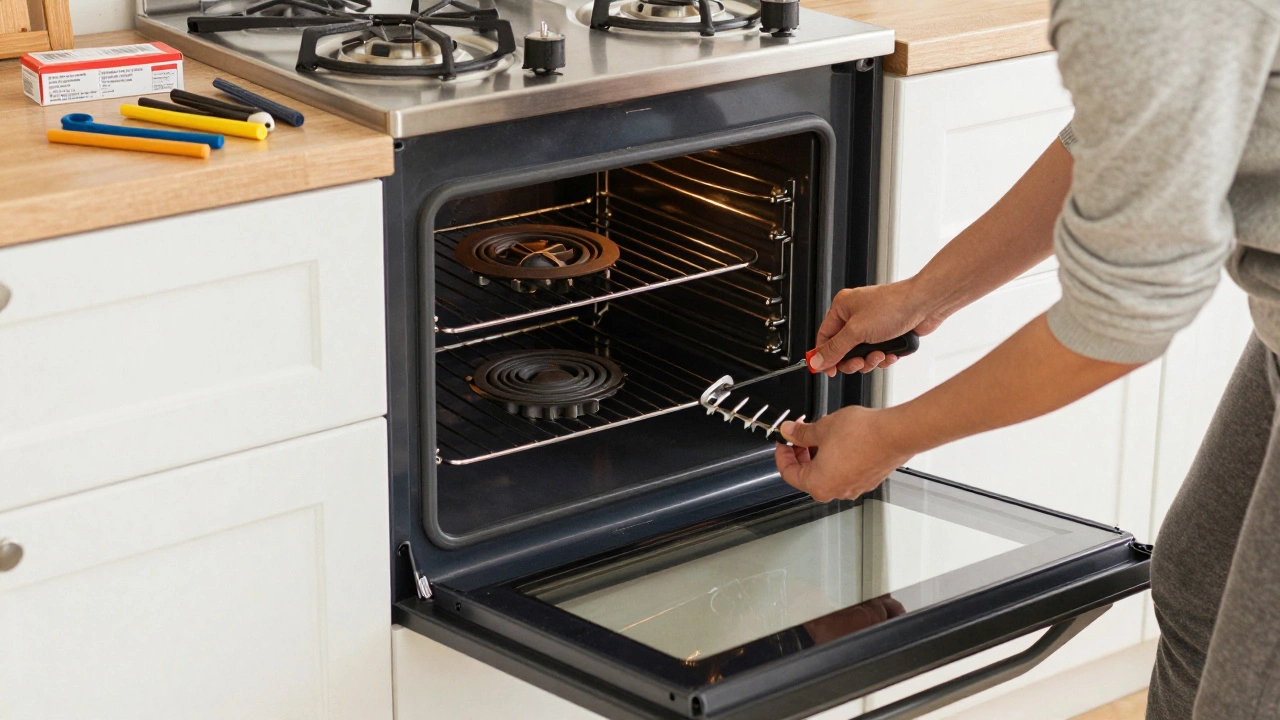 A person replacing an oven heating element using a screwdriver in a kitchen setting.