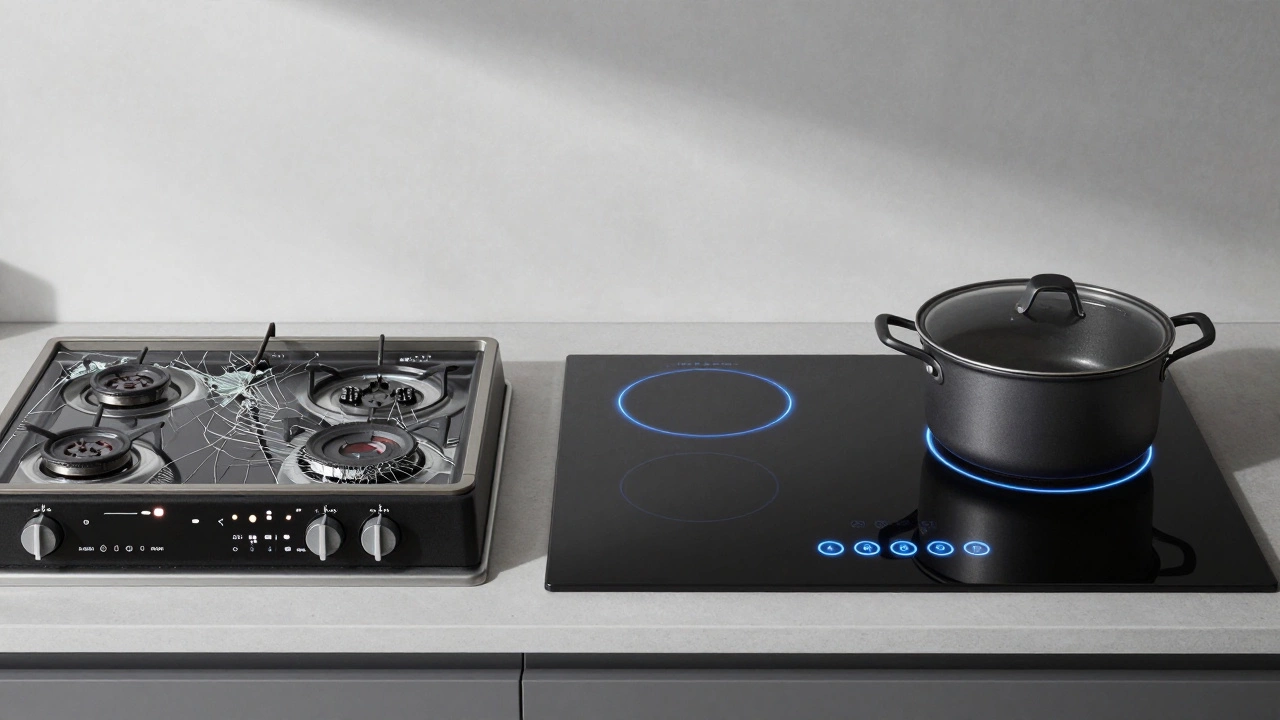 An old electric stove next to a new induction stove, highlighting the contrast in technology.