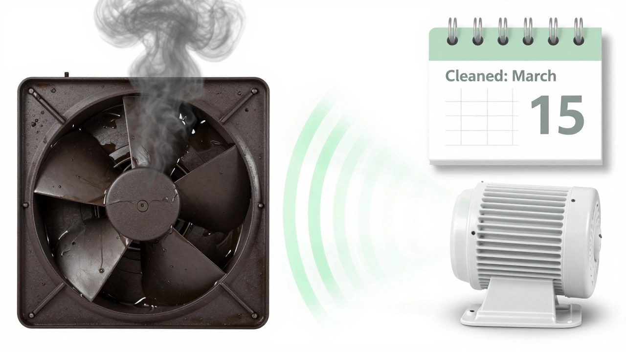 Before-and-after view of a clogged versus clean extractor fan with airflow and efficiency symbols.