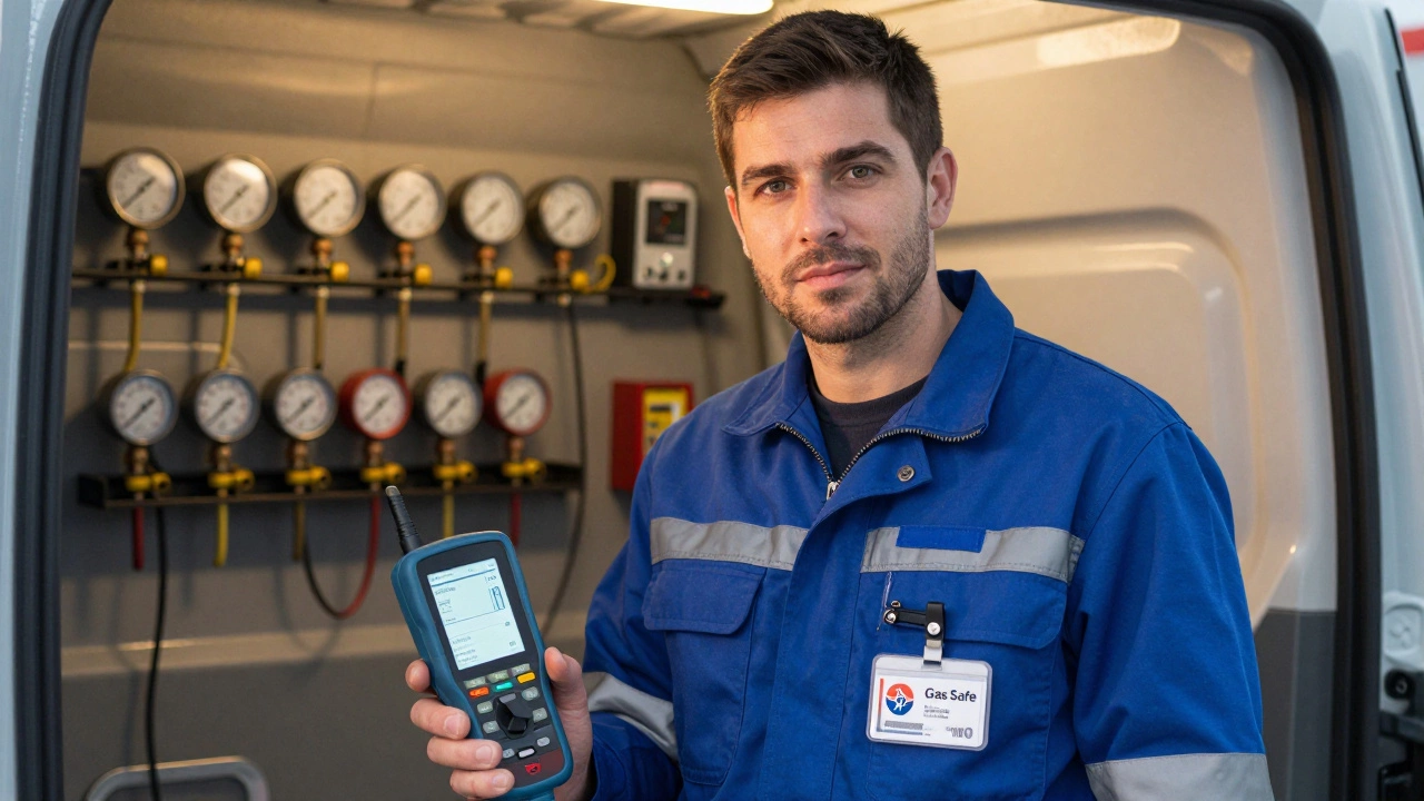 Certified heating engineer with Gas Safe ID badge inspecting