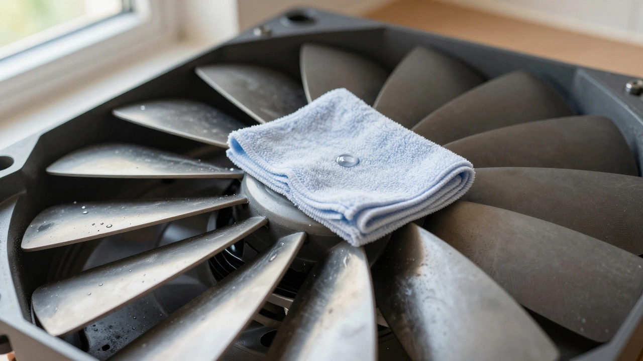 Clean fan blade being wiped with a damp microfiber cloth, motor housing visible in background.