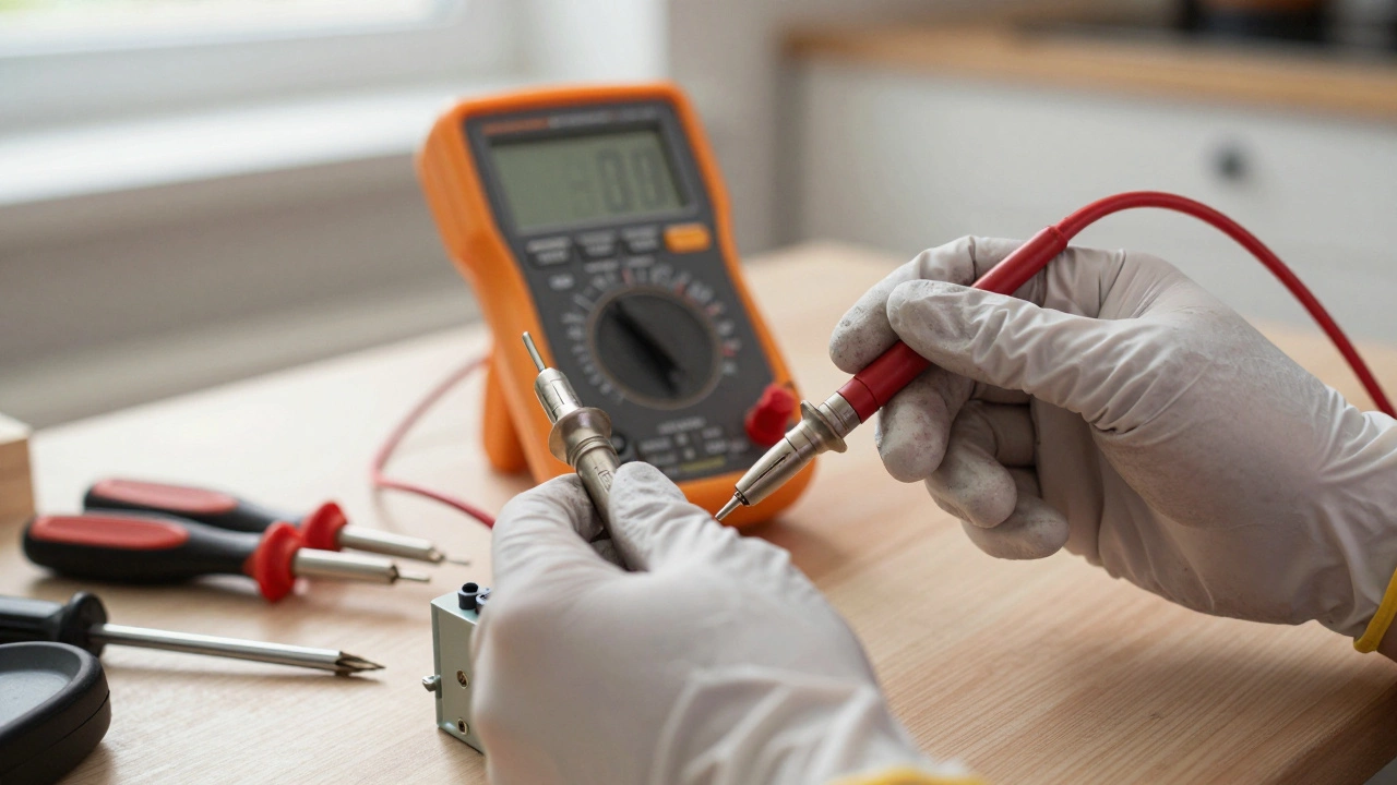 Hands using multimeter probes to test appliance resistance terminals
