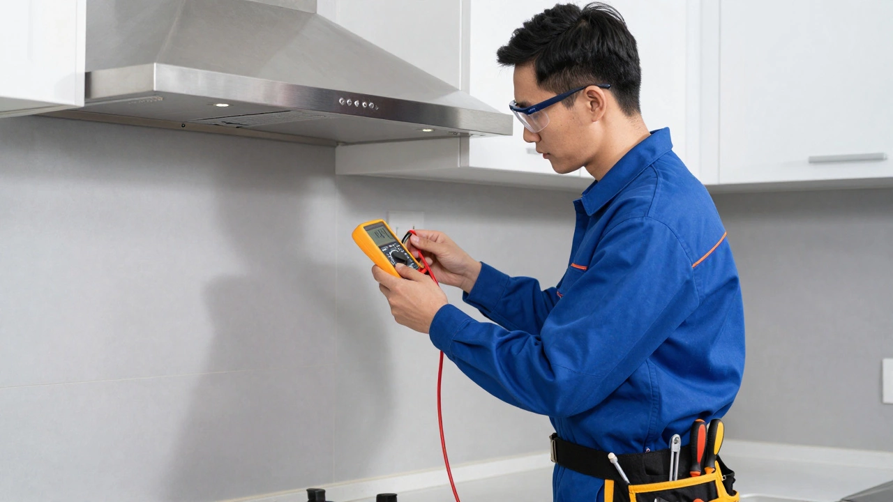 Professional electrician working on kitchen appliance.