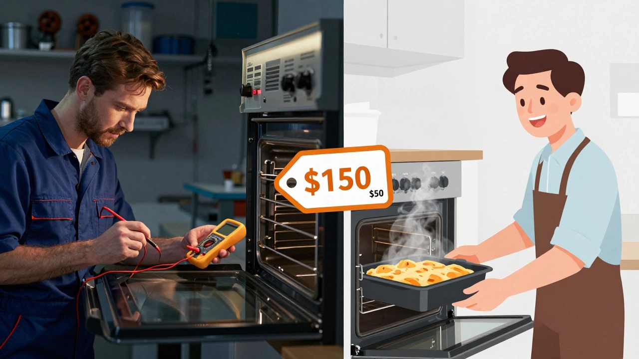 Side-by-side comparison of professional oven repair and DIY replacement with a baked dish in use.