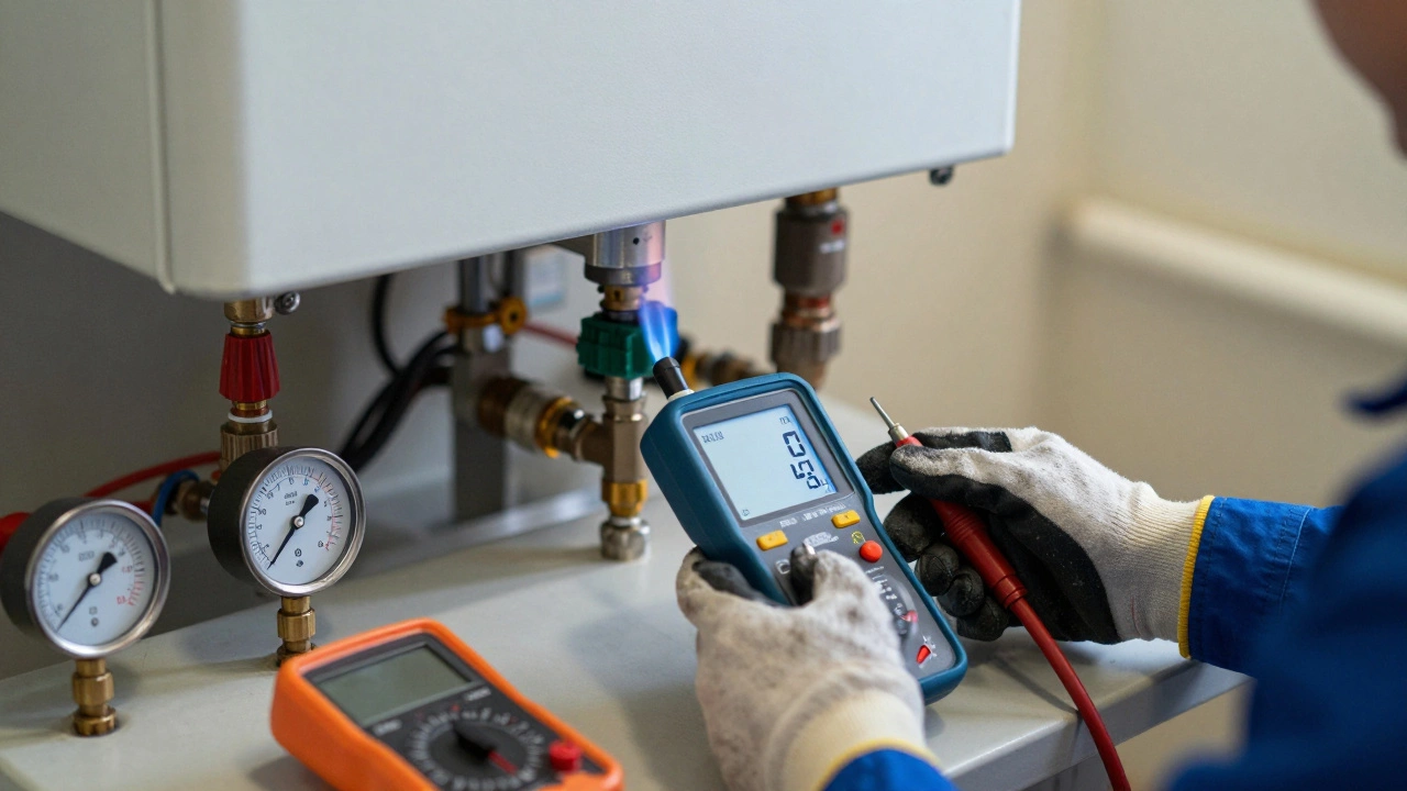 Technician using combustion analyzer on boiler exhaust