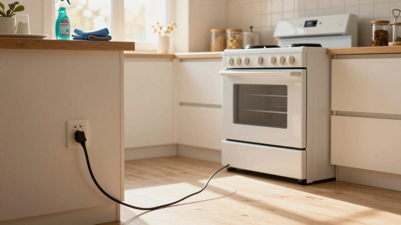 Unplugged electric stove in clean kitchen with maintenance tools nearby